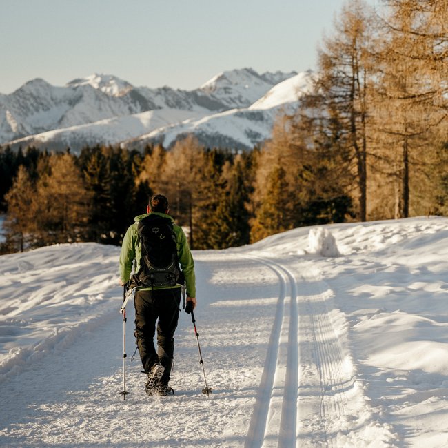 The Almencard: experience South Tyrol like a VIP Hiker with poles on snowy trail with mountains in the background