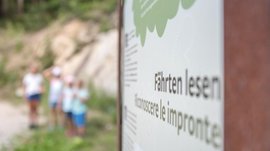 De Elfenweg bij Vintl De afbeelding toont een bord met de tekst "Fährten lesen" en de Italiaanse vertaling "Conoscere le impronte". Op de achtergrond zijn vaag enkele kinderen te zien in een bosgebied.