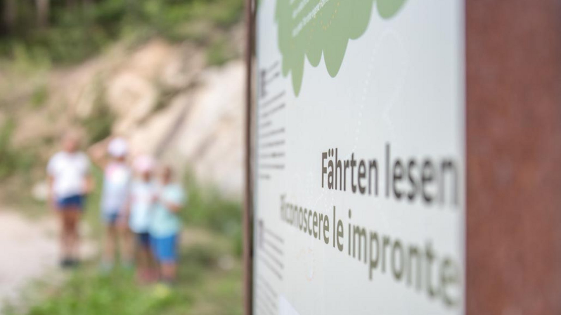 De Elfenweg bij Vintl De afbeelding toont een bord met de tekst "Fährten lesen" en de Italiaanse vertaling "Conoscere le impronte". Op de achtergrond zijn vaag enkele kinderen te zien in een bosgebied.