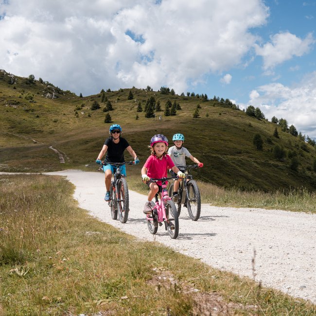 Euer Familienurlaub in Südtirol Drei Kinder fahren mit Mountainbikes auf einem Bergweg bei bewölktem Himmel