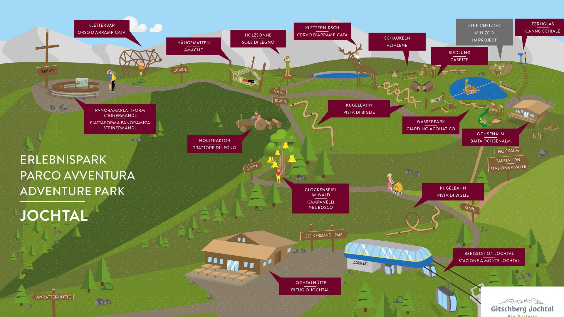 Where to spend your family holiday in Italy? Map of Jochtal adventure park showing various play and experience areas