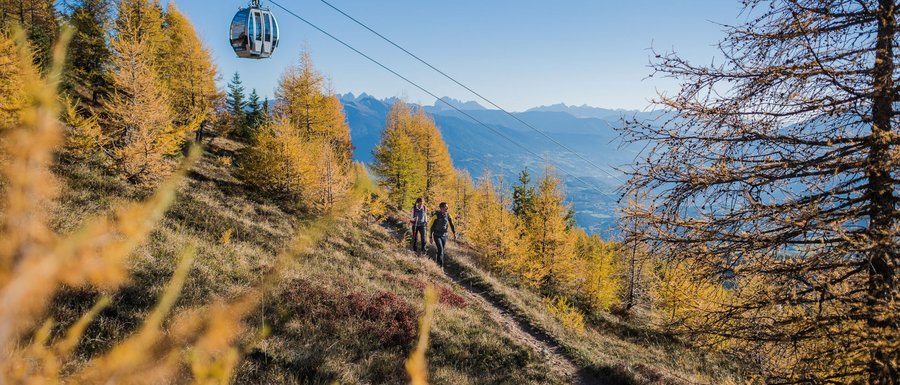 The Gitschberg webcams The picture shows a cable car traveling over a path used by hikers. The landscape is autumnal, with golden trees, and in the background, mountains can be seen under a clear blue sky.