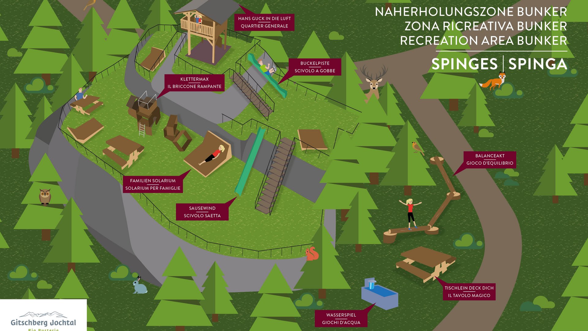 Where to spend your family holiday in Italy? Map of Recreation Area Bunker in Spinges with playground and forest