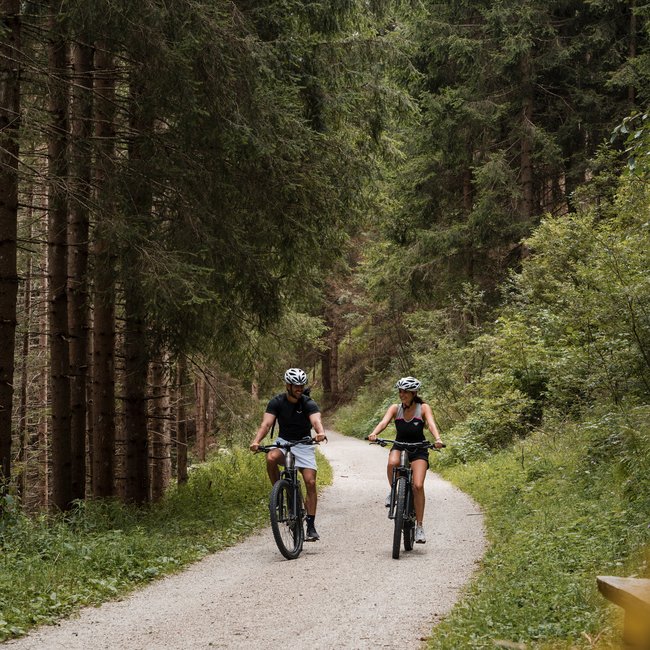 The Almencard: experience South Tyrol like a VIP Two people cycling on a forest trail