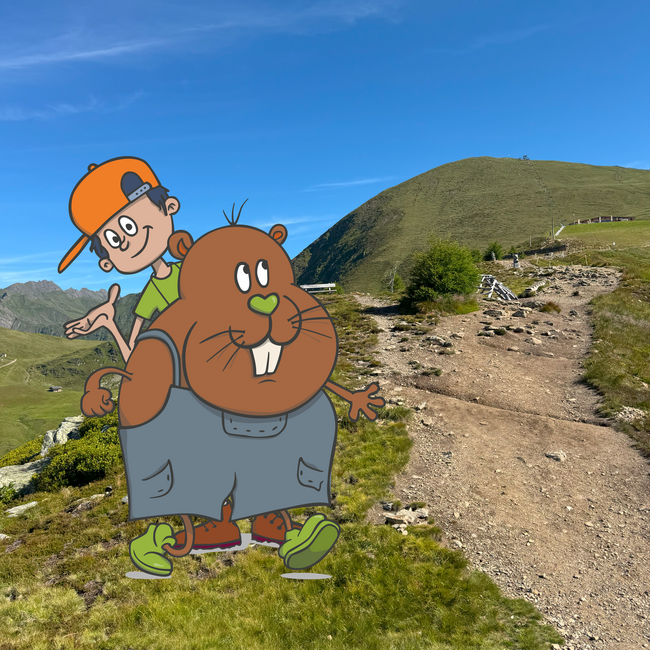 Euer Familienurlaub in Südtirol Karikatur eines Jungen mit einem großen Biber vor einem Bergwanderweg