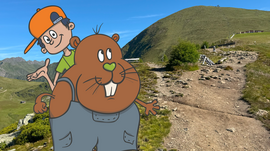 Das Outdoor Escape am Gitschberg Karikatur eines Jungen mit einem großen Biber vor einem Bergwanderweg