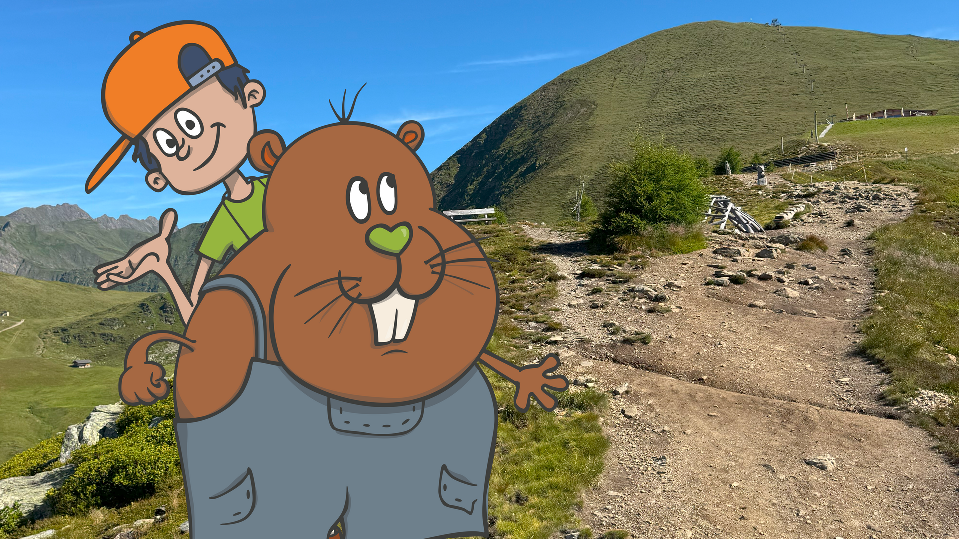Das Outdoor Escape am Gitschberg Karikatur eines Jungen mit einem großen Biber vor einem Bergwanderweg