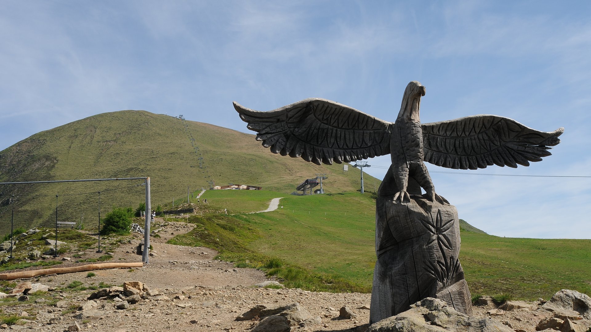 Das Outdoor Escape am Gitschberg Holzskulptur eines Adlers mit ausgebreiteten Flügeln vor einem grasbewachsenen Hügel