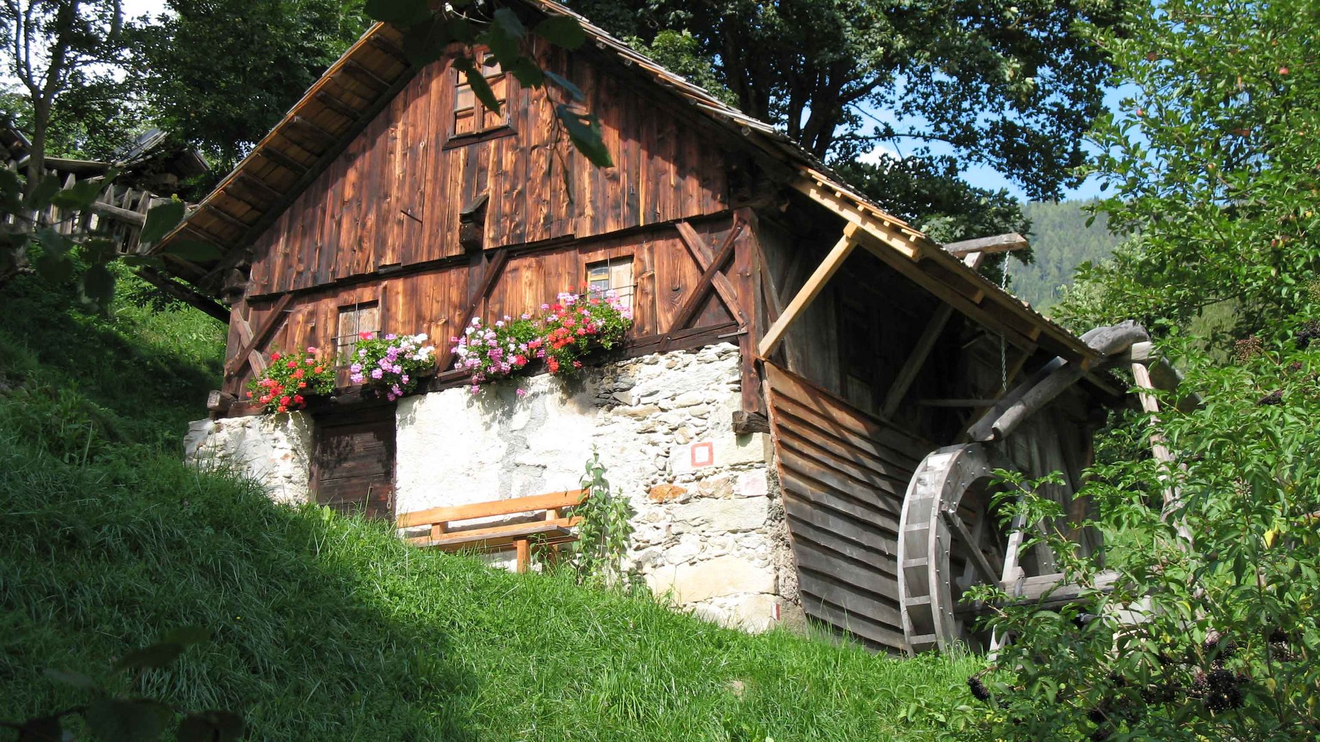 Der Mühlenweg in Terenten Altes Holzhaus mit Wasserrad und Blumen auf dem Fensterbrett in grüner Landschaft
