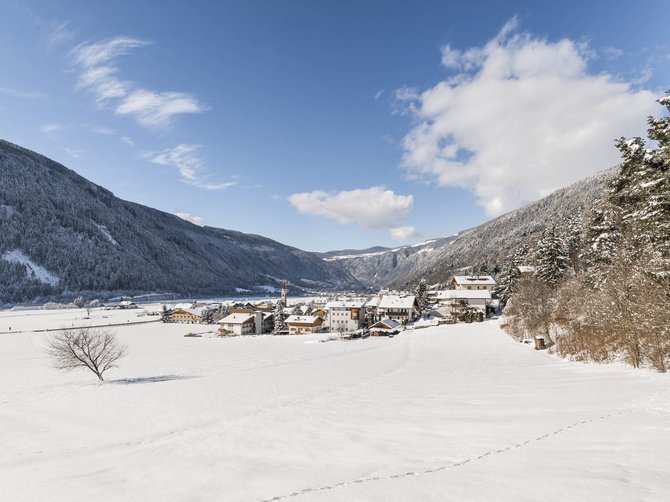 The Alpine hamlet of Spinges The picture shows a snowy landscape with a small village in the valley, surrounded by snow-covered mountains. The sky is clear and blue, only crossed by a few clouds, and in the foreground stands a single bare tree on the snow-covered field.