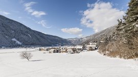 Vintl im Pustertal Das Bild zeigt eine verschneite Landschaft mit einem kleinen Dorf im Tal, umgeben von schneebedeckten Bergen. Der Himmel ist klar und blau, nur von ein paar Wolken durchzogen, und im Vordergrund steht ein einzelner kahler Baum auf dem schneebedeckten Feld.