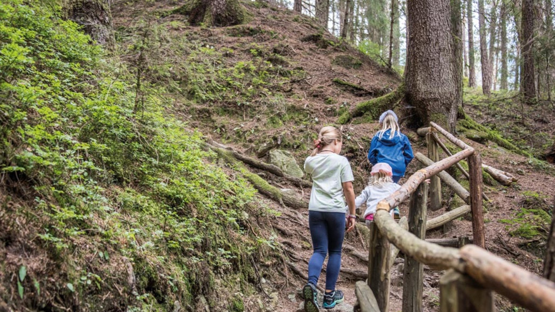 De Elfenweg bij Vintl De afbeelding toont drie kinderen die bergop lopen op een smal, steil bospaadje. Ze volgen een pad dat is beveiligd met een houten railing, omgeven door bomen en groene begroeiing.