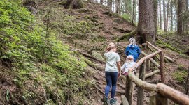 De Elfenweg bij Vintl De afbeelding toont drie kinderen die bergop lopen op een smal, steil bospaadje. Ze volgen een pad dat is beveiligd met een houten railing, omgeven door bomen en groene begroeiing.