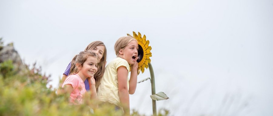 The Gitschberg webcams The picture shows three smiling children leaning against a large, yellow sunflower. The sunflower appears to be part of an installation or playground, and the children seem to be having fun interacting with it.