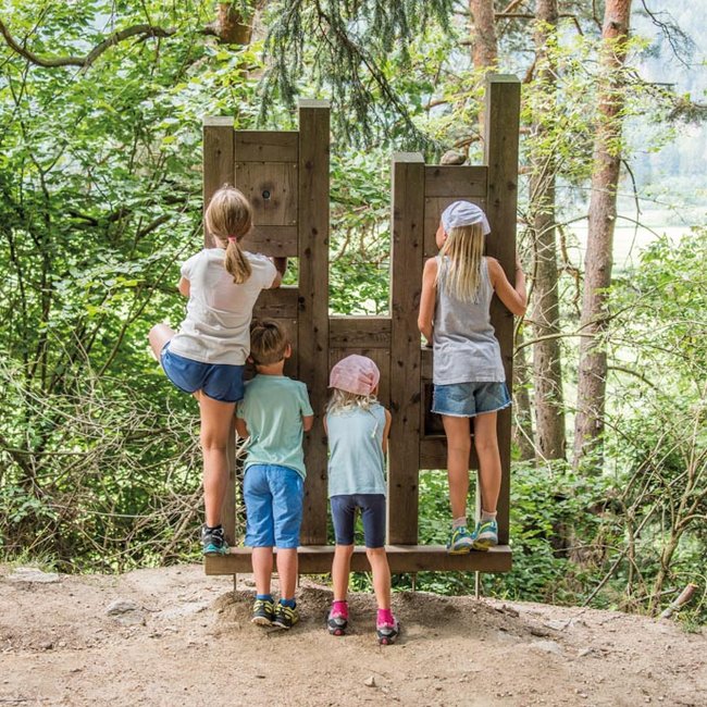 South Tyrol – hiking at its best The picture shows four children standing in front of a wooden structure that resembles a kind of lookout point. The children are looking through openings in the structure into a green forest.