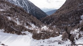 Fane Alm – South Tyrol’s most idyllic Alpine village The picture shows a snowy valley surrounded by forested mountain slopes. The trees are bare, and snow-covered peaks stretch in the background, visible in the distance.