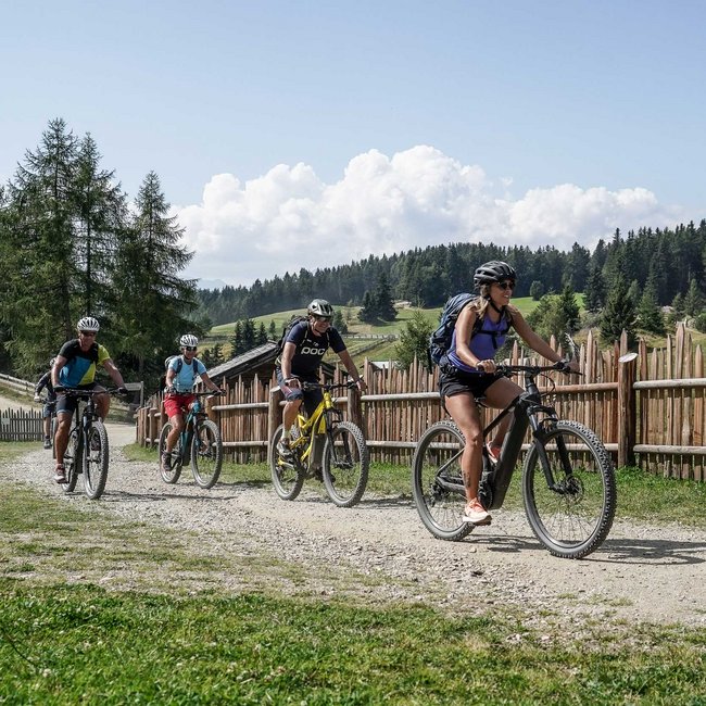 Túra na elektrokole v Jižním Tyrolsku Obrázek ukazuje skupinu čtyř cyklistů jedoucích po štěrkové cestě. Všichni mají na sobě cyklistické helmy a sportovní oblečení. V pozadí je dřevěný plot, stromy a mírné kopce, obklopené venkovskou krajinou.