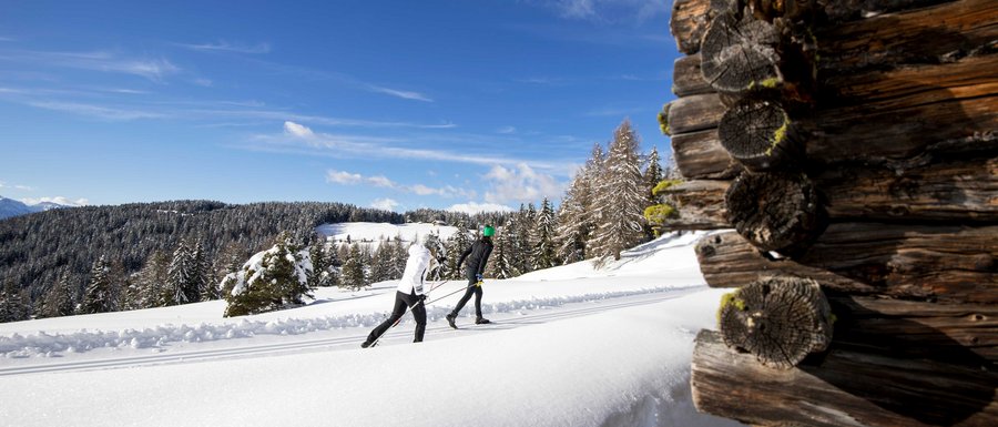 The Gitschberg webcams Two cross-country skiers on snowy trail beside wooden cabin
