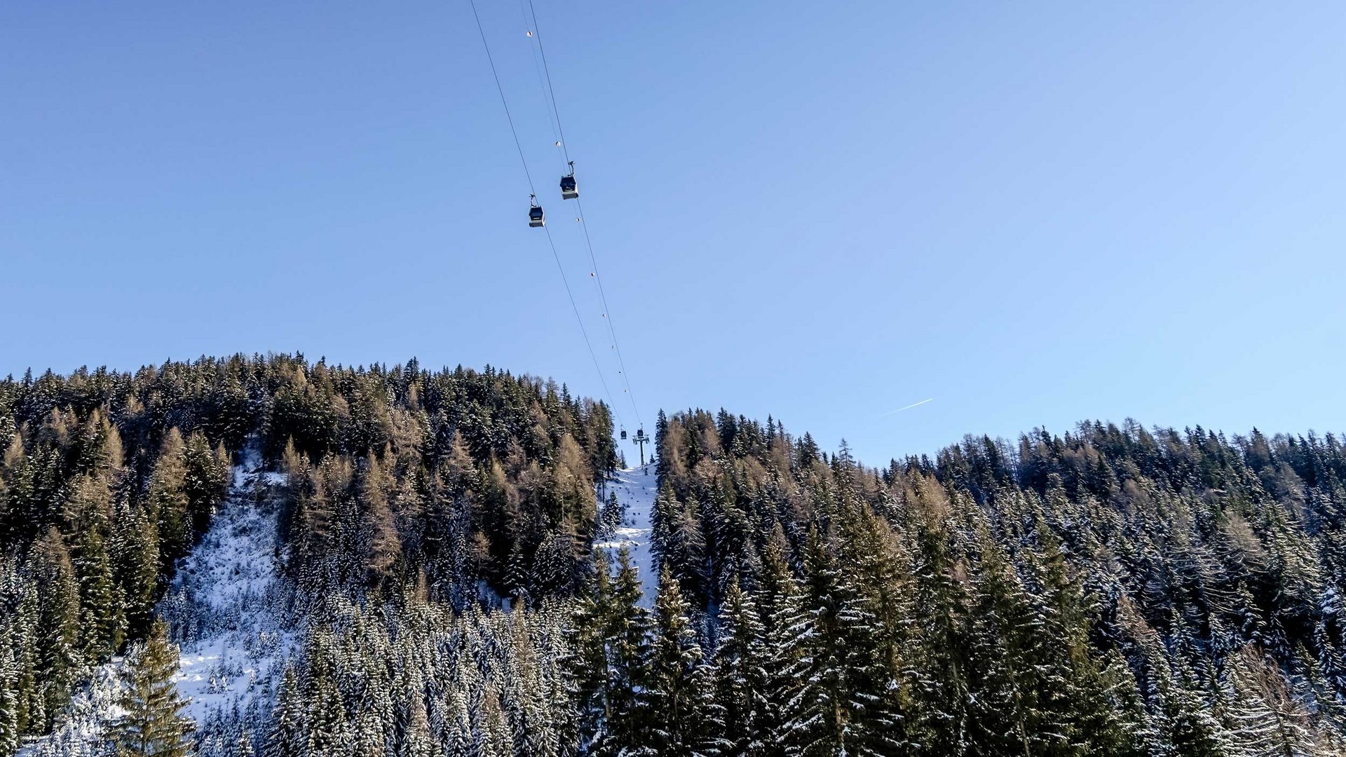 The Altfasstal valley, Meransen The picture shows a cable car with gondolas passing over snow-covered trees and a wooded hill. The sky is clear and blue, and the cable car leads to a summit that is also covered with snow.