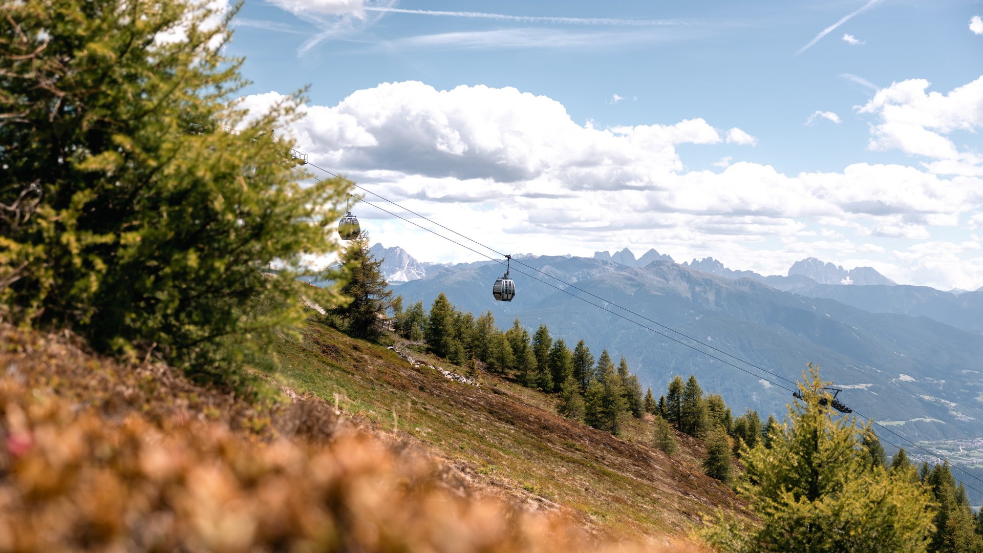 Südtiroler Almkost Gondeln schweben über einem bewaldeten Berghang vor den Dolomiten