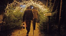 Advent in Terenten Two men with walking sticks and lantern walk along a lit forest path in snow