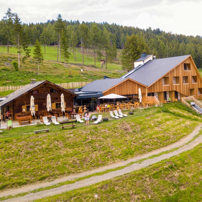 Oberhauserhütte Das Bild zeigt eine moderne Berghütte aus Holz, die von grünen Wiesen und Wäldern umgeben ist. Vor der Hütte befinden sich zahlreiche Liegestühle und Tische mit Sonnenschirmen, die zum Entspannen in der Natur einladen.