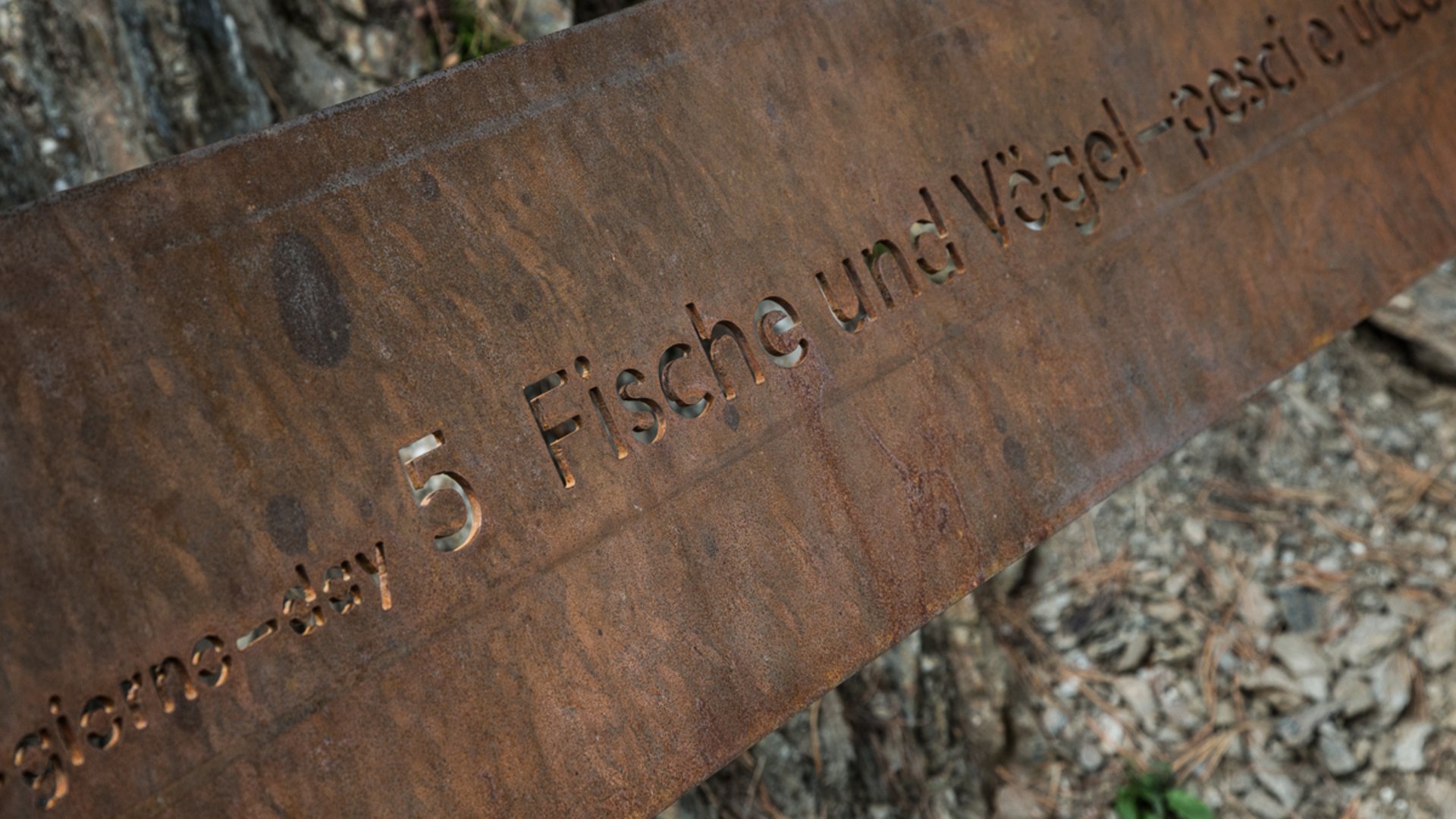 Der Schöpfungsweg in Rodeneck Das Bild zeigt eine rostige Metalltafel, auf der der Schriftzug "Tag 5 Fische und Vögel" eingestanzt ist. Der Hintergrund besteht aus natürlichen Elementen wie Erde, Steinen und Baumrinde.
