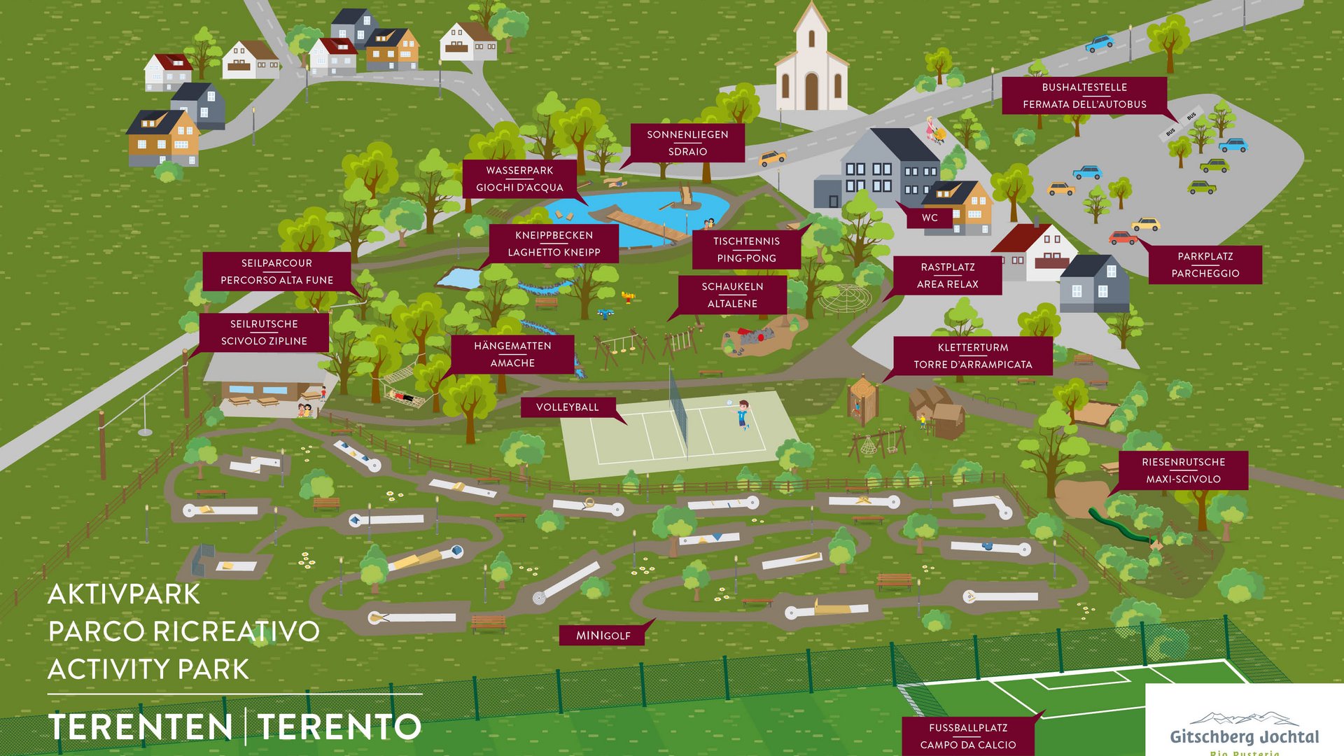 Where to spend your family holiday in Italy? Map of Terento activity park showing recreational facilities and amenities