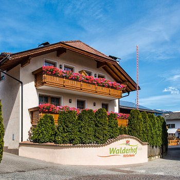 Südtiroler Almkost Waldhof-Gebäude mit blumengeschmückten Balkonen und hohen Hecken