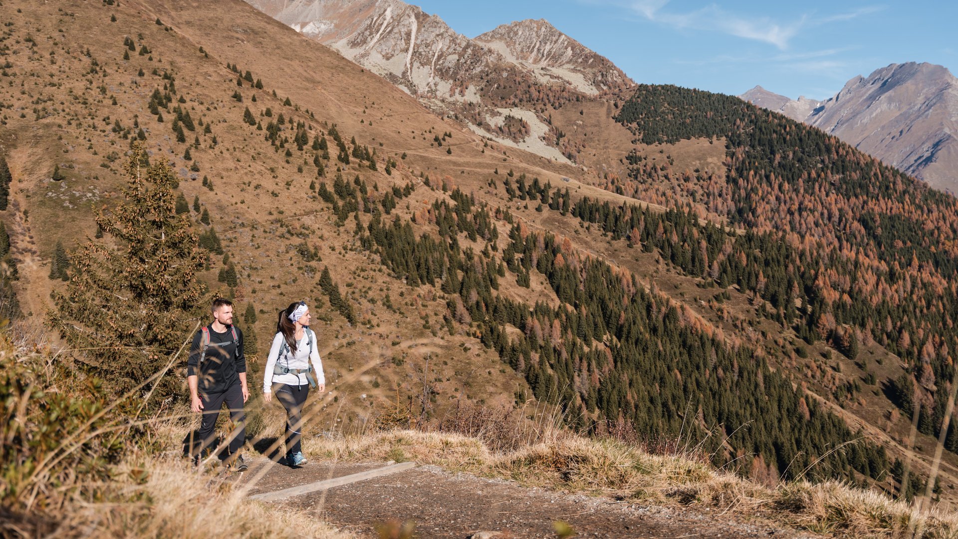 Klimafreundlicher Urlaub in Südtirol Paar wandert auf Bergweg bei klarem Himmel und herbstlicher Landschaft