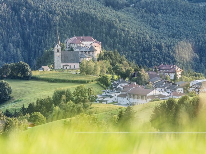 The Alpine hamlet of Spinges The picture shows a church and a building on a hill, surrounded by green meadows and dense forests. In the foreground, there is blurred grass.