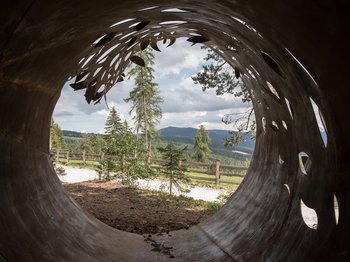 Rodeneck: idyllisches Wanderparadies Das Bild zeigt den Blick durch ein großes, rostfarbenes Metallrohr, das kunstvoll mit Blättermustern durchbrochen ist. Draußen sind Bäume, ein Holzzaun und in der Ferne Hügel unter einem bewölkten Himmel zu sehen.