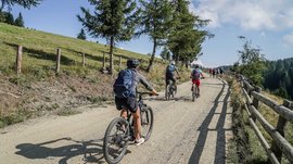 Alpská pastvsina Rodenecker-Lüsner Alm Obrázek ukazuje skupinu cyklistů, kteří jedou do kopce širokou, nezpevněnou cestou. Cesta je lemována stromy, vlevo se rozprostírá zelená louka, zatímco vpravo podél cesty vede dřevěný plot. Krajina naznačuje horské prostředí.