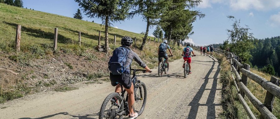 The Gitschberg webcams The picture shows a group of cyclists riding uphill on a wide, unpaved path. The path is lined with trees, and to the left stretches a green meadow, while on the right a wooden fence runs along the path. The landscape suggests a mountainous environment.
