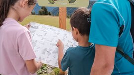 Outdoor Escape on Mt. Gitschberg Family looking at a hiking map in the mountains