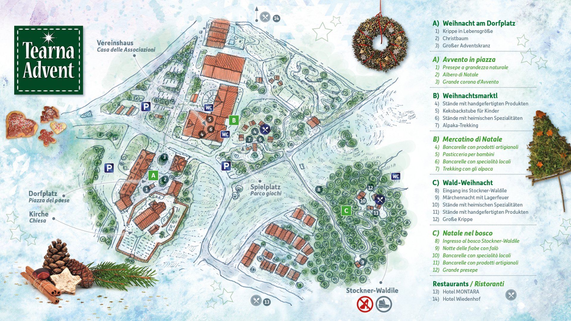 Tearna Advent Weihnachtsmarktplan von Tearna Advent mit Dorfplatz, Wald und Marktbereich