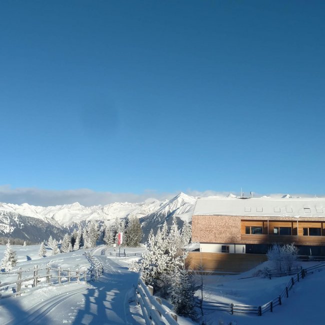 Starkenfeldhütte Obrázek ukazuje zasněženou zimní krajinu s moderním horským domem vpravo na obrázku. Zasněžená cesta vede kolem domu a v pozadí jsou zasněžené hory pod jasnou modrou oblohou.