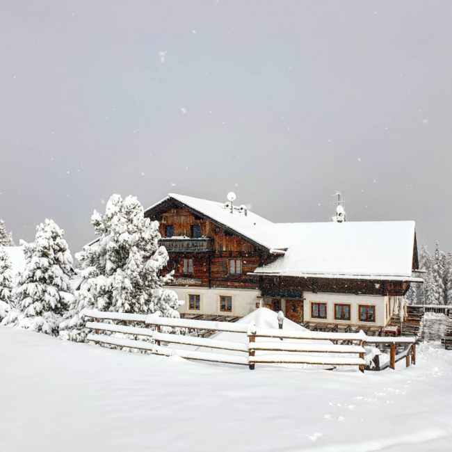 Rastnerhütte Obrázek ukazuje zasněženou alpskou budovu s pokrytými střechou a obklopenou zasněženými stromy. Právě sněží a obloha je šedá, což posiluje zimní atmosféru. Budovu obklopuje dřevěný plot.
