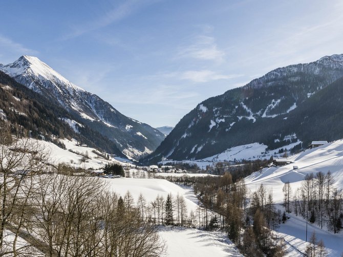 The Alpine hamlet of Spinges The image shows a winter mountain landscape with snow-covered slopes and a valley in the middle. The sun is shining, the sky is clear and blue, and in the foreground, leafless trees can be seen. The mountains in the background are also covered with snow, conveying a peaceful and calm atmosphere.