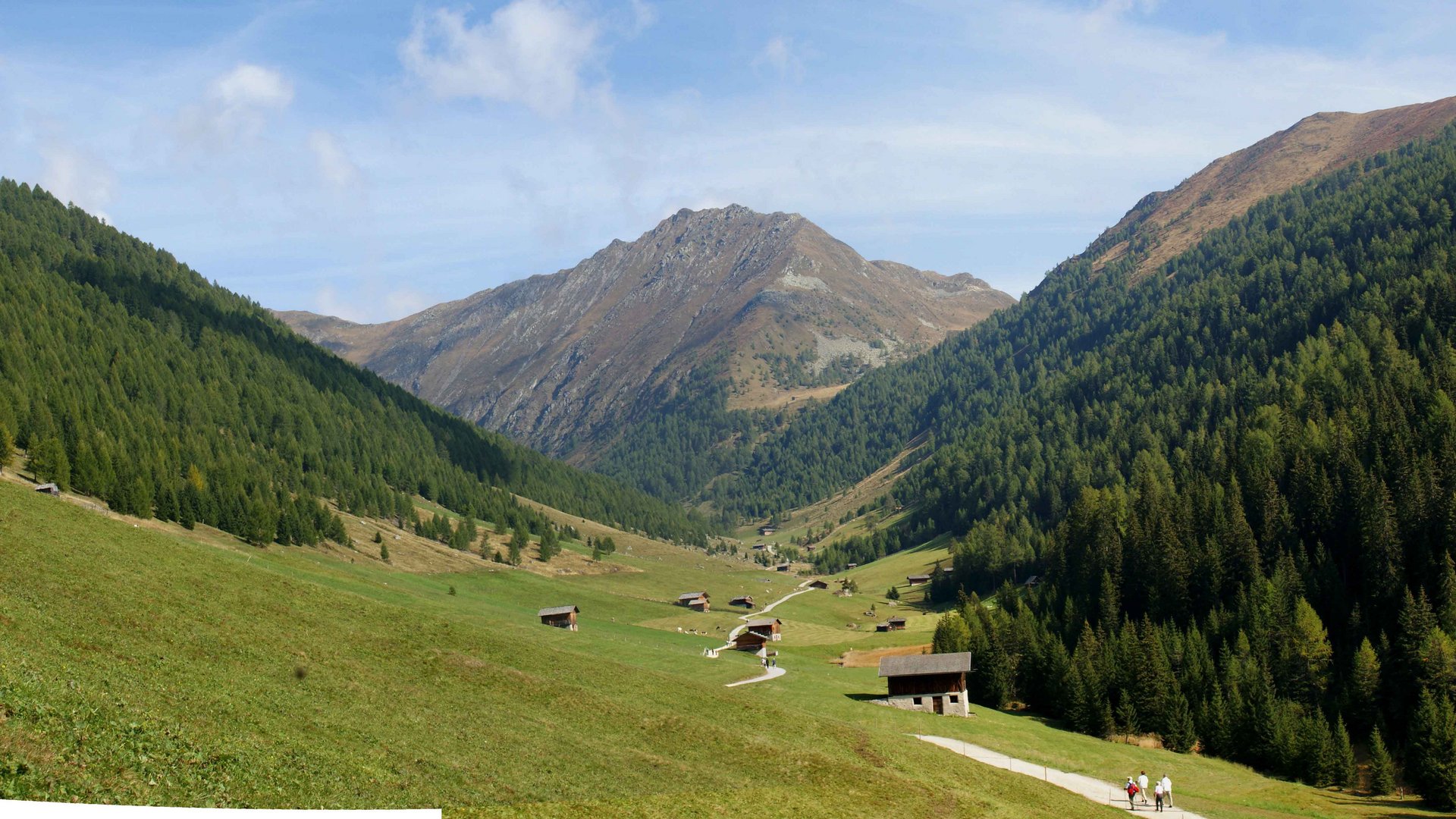 The Altfasstal valley, Meransen The picture shows a wide valley in the mountains, surrounded by dense forests on both sides. A narrow path winds through the valley, along which a few huts are scattered. In the background, tall, rocky mountains rise into the sky, and the sky is clear with few clouds.