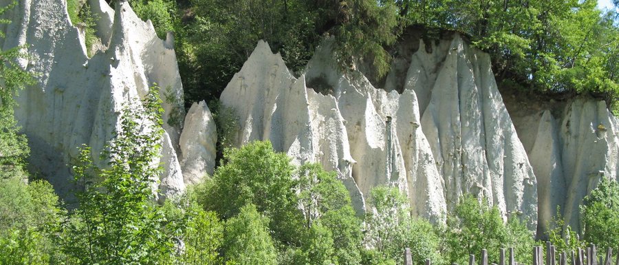 The Gitschberg webcams Rock formations with wooden stake fence and green trees in sunlight